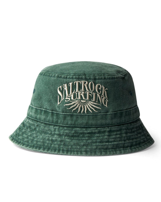 Sunburst Bucket Hat - Green with Saltrock surfing logo embroidered on a white background.
