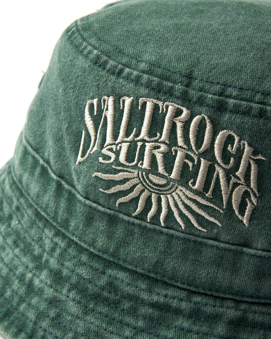 Saltrock Sunburst Bucket Hat - Green with "Saltrock surfing" embroidered text and a sunburst graphic embroidery.