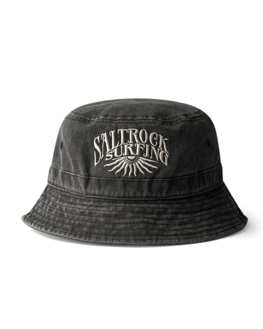 Dark Grey bucket hat with "Saltrock Surfing" logo on a white background, featuring sunburst graphic embroidery.