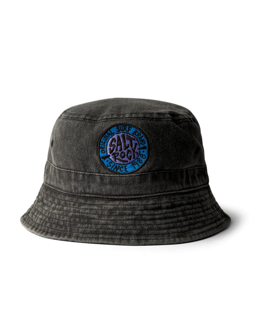 A black cotton SR Original bucket hat with a blue Saltrock badge on a white background.