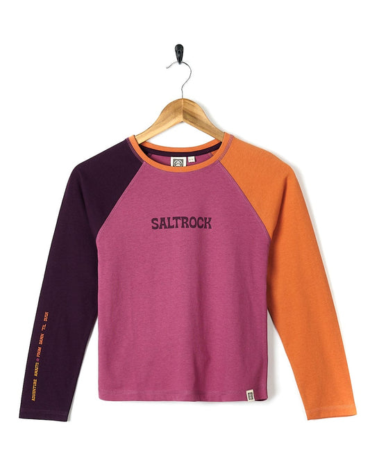 A dark pink Sunny - Kids Raglan Long Sleeve T-Shirt with the word Saltrock on it.