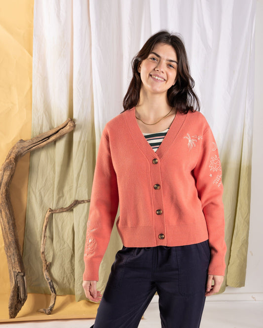 Serenity - Womens Knitted Embroidered Cardigan - Coral