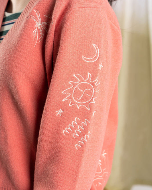 Serenity - Womens Knitted Embroidered Cardigan - Coral