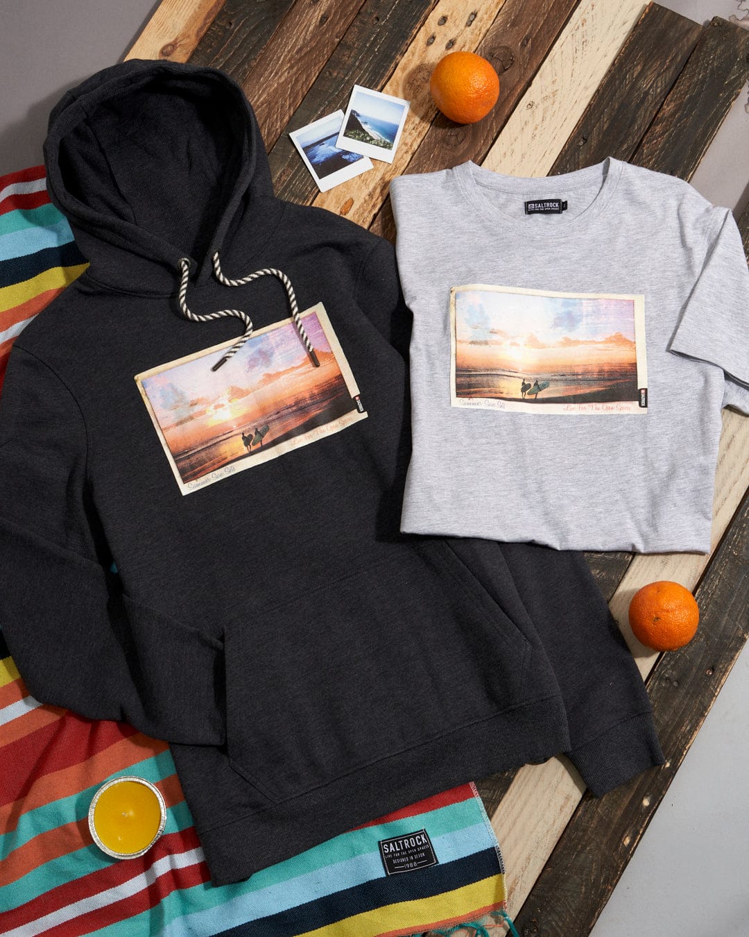 Two Sun Sets - Mens Pop Hoodies - Charcoal with a photographic beach scene graphic of a sunset on them by Saltrock.