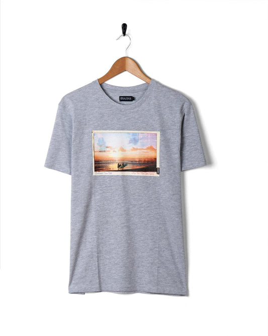 A Sun Sets - Mens Short Sleeve T-Shirt in Grey Marl from Saltrock with a soft hand feel and a sunset digital print.