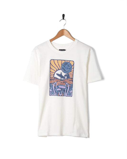 A Surf Fest - Mens Short Sleeve T-Shirt in White with a skull image, made of 100% cotton by Saltrock.