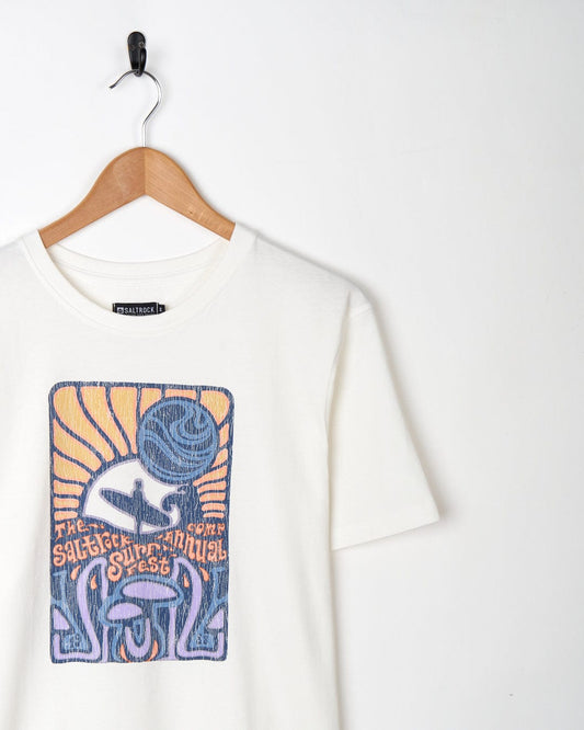 A Surf Fest - Mens Short Sleeve T-Shirt in white with a distressed surf print graphic design, made from 100% cotton by Saltrock.