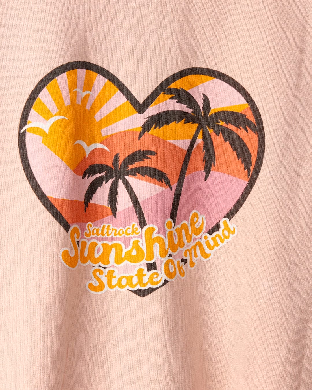 A graphic of a heart-shaped sunset with palm trees, labeled "Sunshine State" on a pink Saltrock Kids Zip Hoodie - Peach.