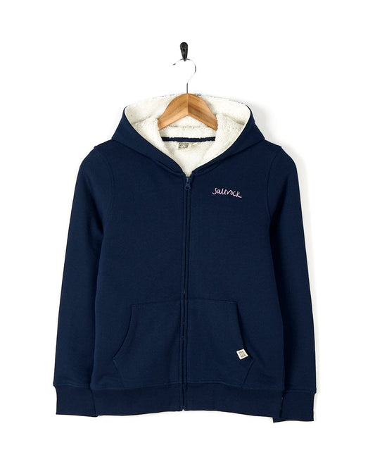 A Sup Girl - Kids Borg Lined Zip Hoodie - Dark Blue with a white Saltrock logo on it, made with borg fabric.
