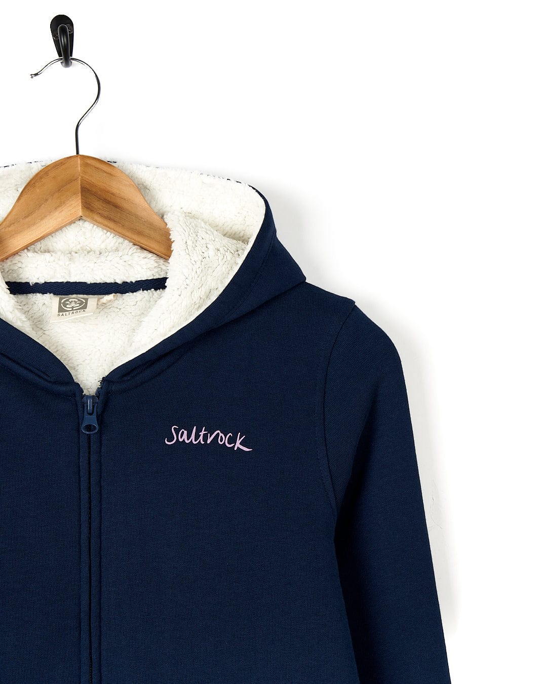 A Sup Girl - Kids Borg Lined Zip Hoodie - Dark Blue with the word 'joy' embroidered on it. Brand: Saltrock.