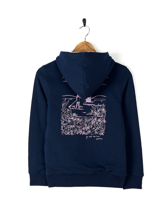A Sup Girl - Kids Borg Lined Zip Hoodie - Dark Blue from Saltrock with a drawing of a boat and lilac graphic on it.