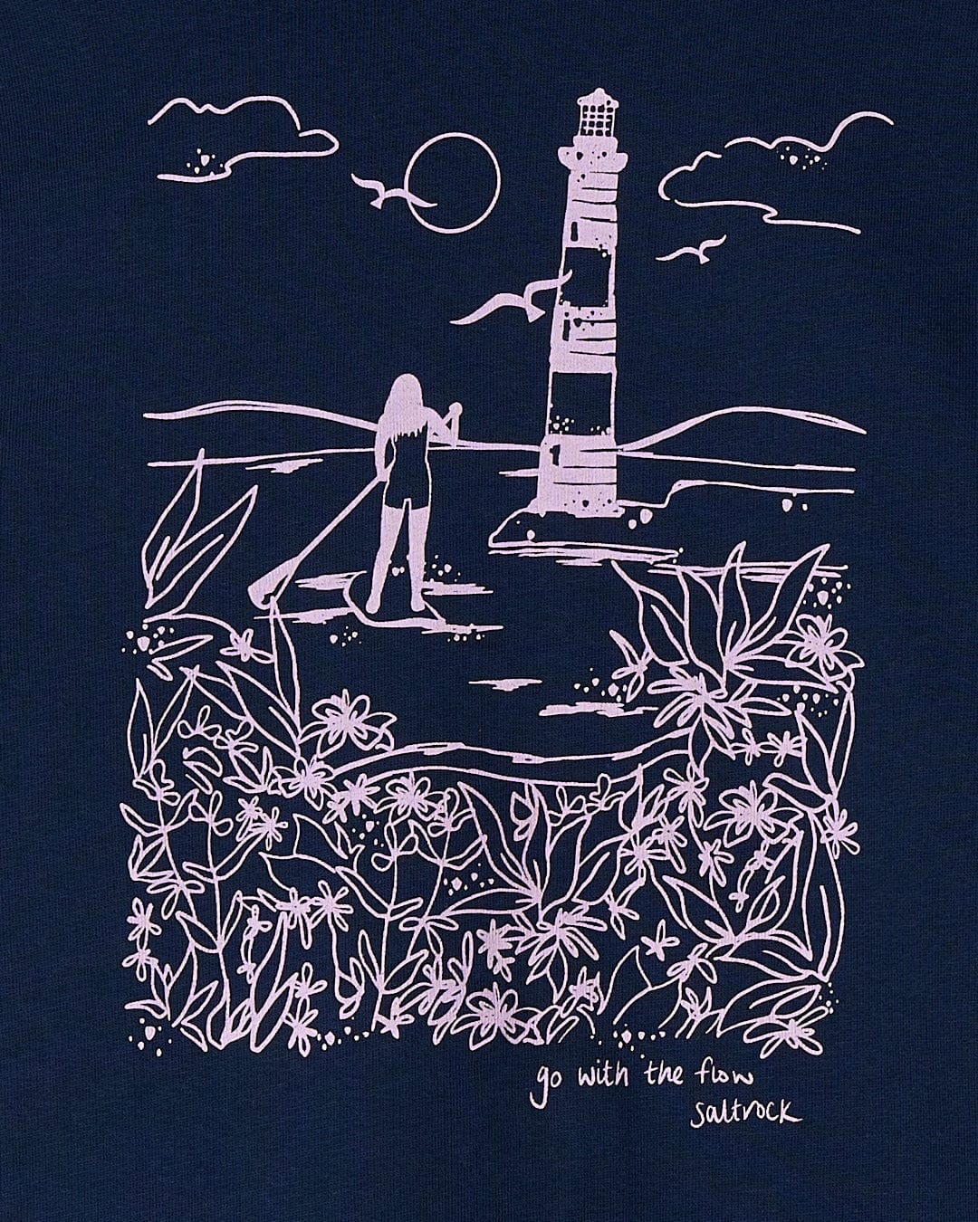 A Sup Girl - Kids Borg Lined Zip Hoodie - Dark Blue by Saltrock with a drawing of a woman and a lighthouse on lilac graphic fabric.