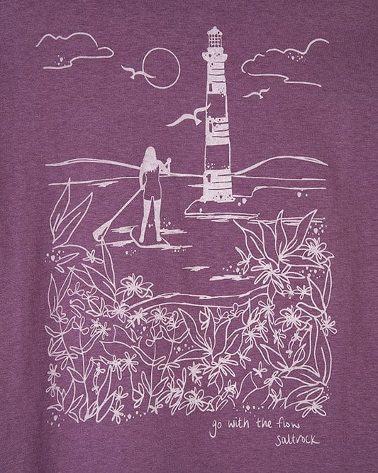 A Saltrock Sup Girl - Kids Long Sleeve T-Shirt in purple cotton with a drawing of a lighthouse.