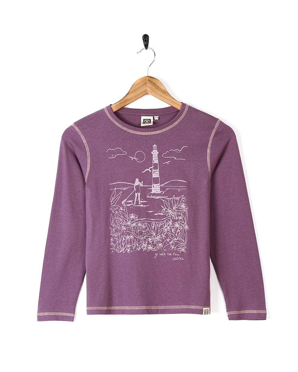 A Saltrock Sup Girl - Kids Long Sleeve T-Shirt - Purple with a graphic of a lighthouse.