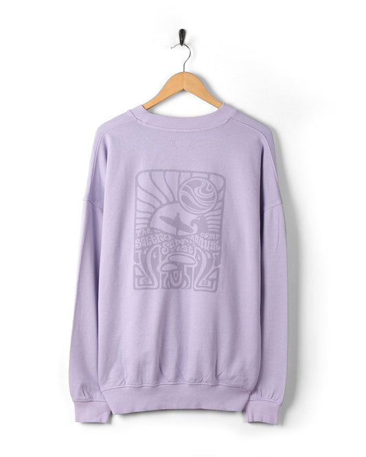 The Surf Fest - Mens Oversized Sweatshirt - Lilac from Saltrock features distressed graphics on the back for a vintage look.
