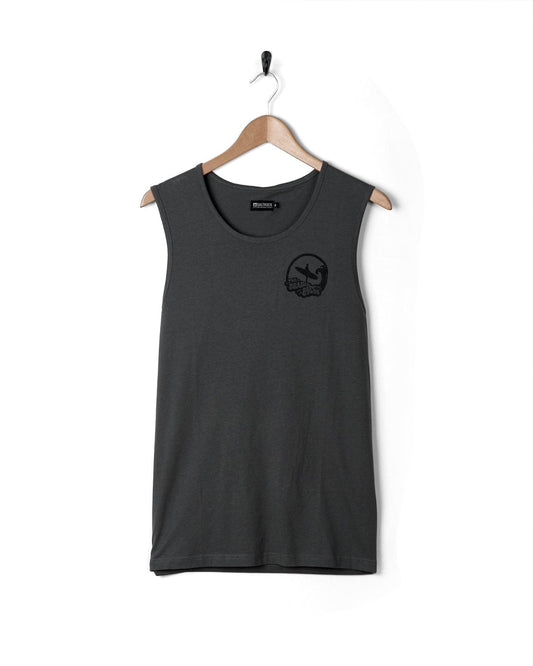 A Surf Fest sleeveless tank top in dark grey with a distressed black logo on it by Saltrock.