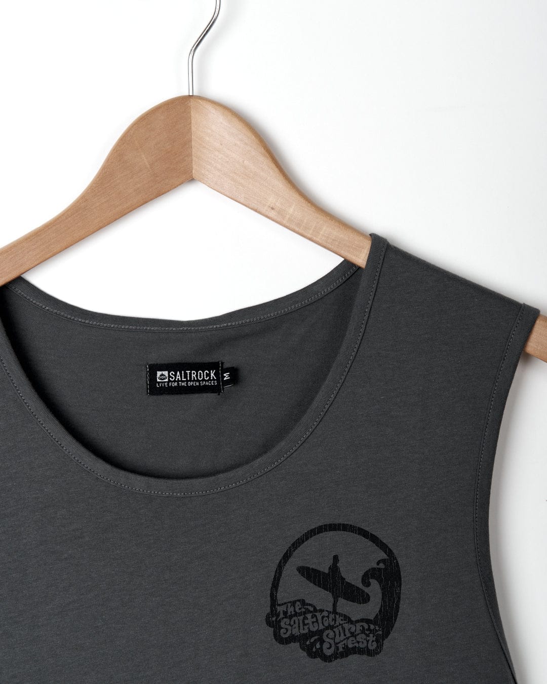 A Surf Fest - Mens Vest - Dark Grey with a distressed black logo on it by Saltrock.