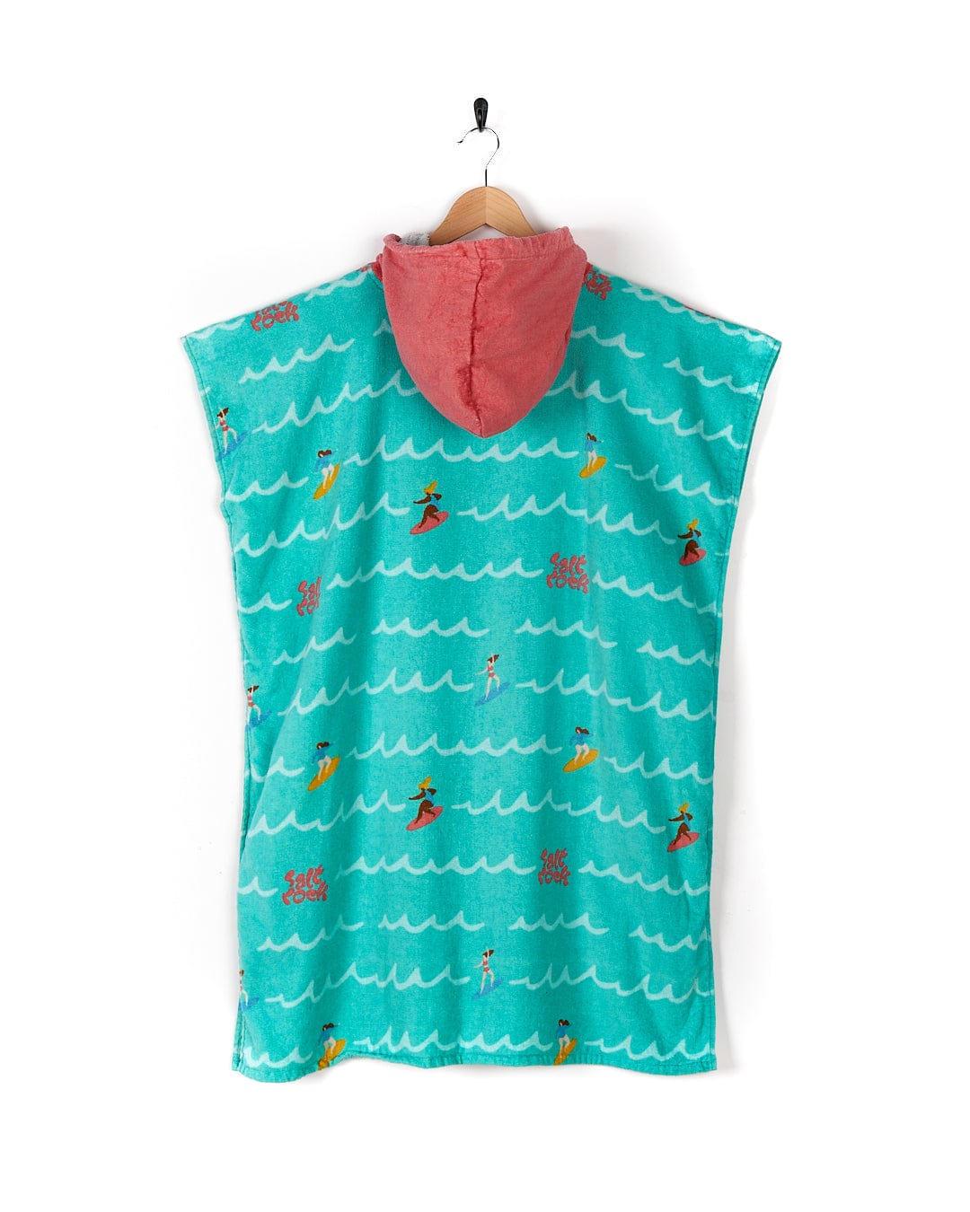A Surf Sister - Kids Changing Towel - Turquoise poncho with a hood and waves on it.