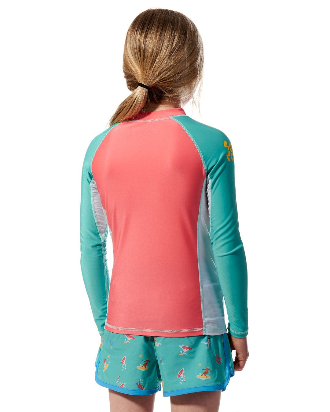 A girl's back view of a Saltrock Surf Sister - Kids Long Sleeve Rashvest - Coral/Turquoise.
