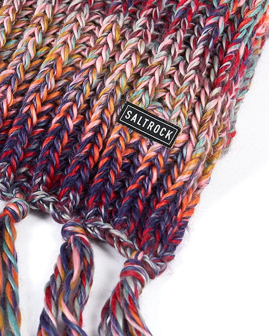 A Surprise - Chunky Scarf - Multi by Saltrock, a multicolored knitted scarf with tassels.