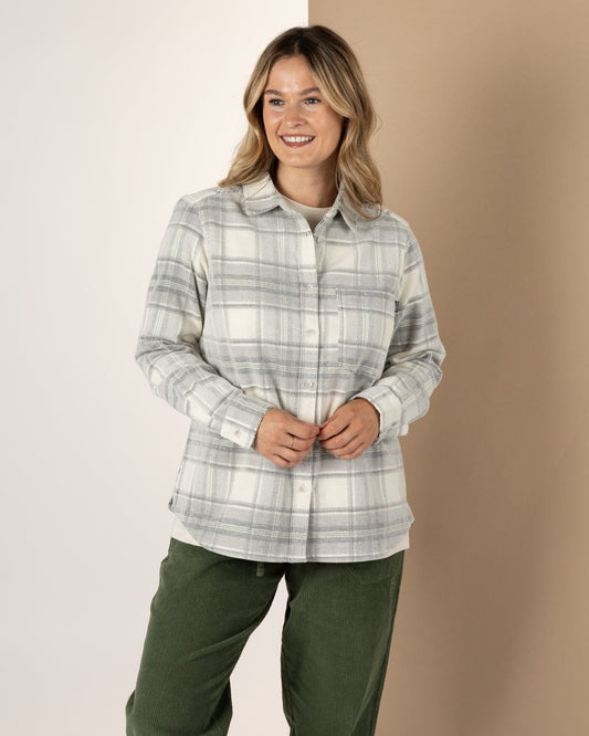 Tiff -Womens Corduroy Check Shirt - Cream/Grey