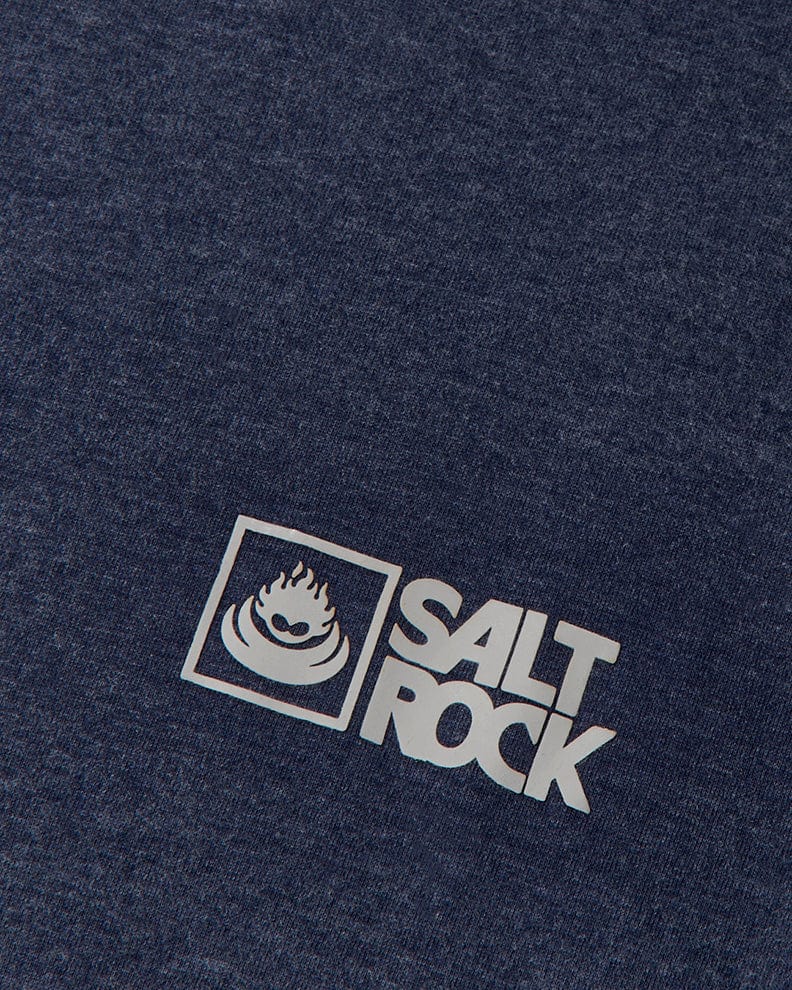 A close up of the Saltrock logo on a dark blue Corp 20 - Mens Short Sleeve T-Shirt - Blue.
