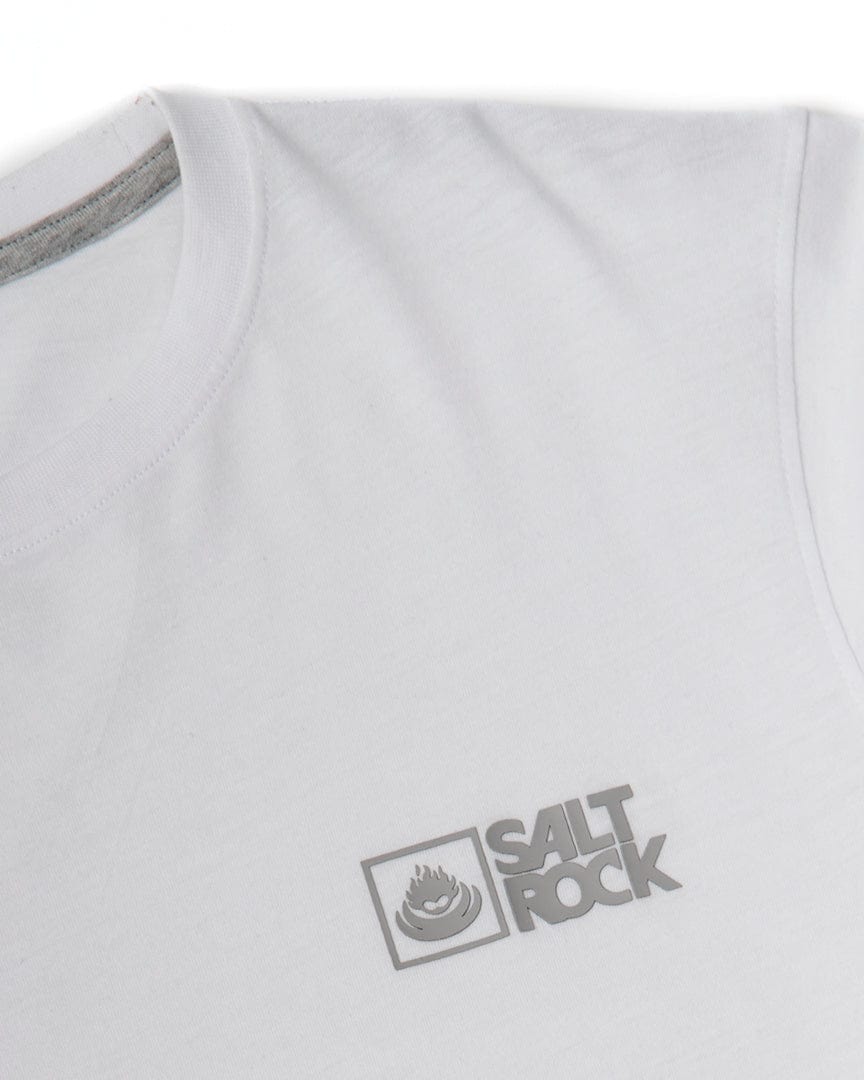 A Corp 20 - Mens Short Sleeve T-Shirt - White with the Saltrock logo, perfect for outdoor adventures.