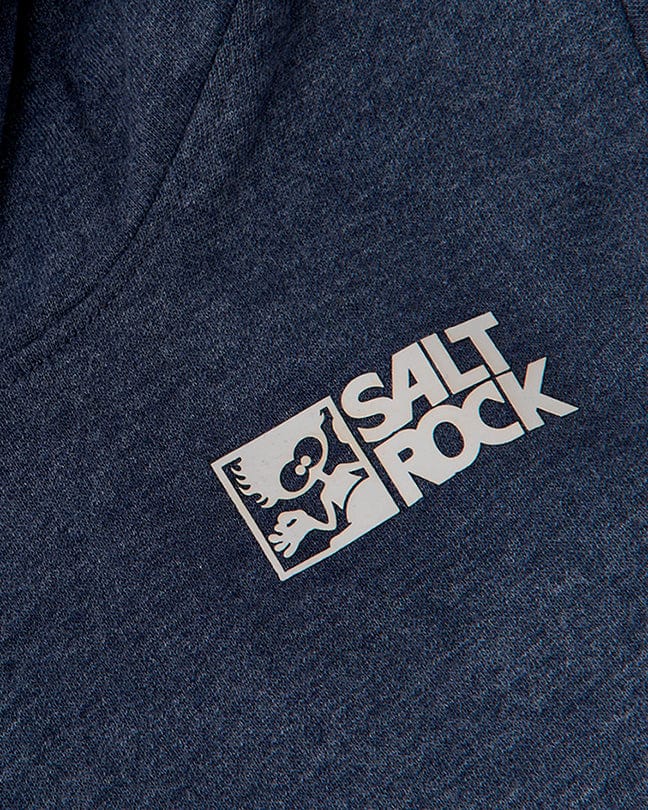 A close up of the Saltrock logo on a blue hoodie featuring the Tok Corp - Kids Pop Hoodie - Blue branding.