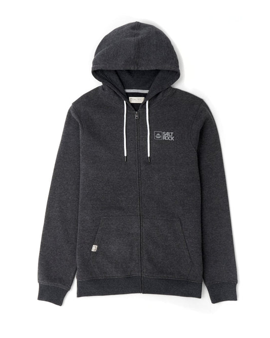 A Saltrock Original 20 - Mens Zip Hoodie - Charcoal featuring the Saltrock branding and made from soft jersey material. It also includes a draw cord hood for added comfort.