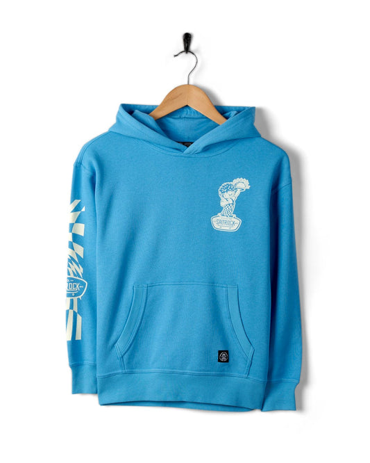 A Taco Tok - Recycled Kids Pop Hoodie - Blue with tacos graphics and a kangaroo pocket hung on a black hanger against a white background.