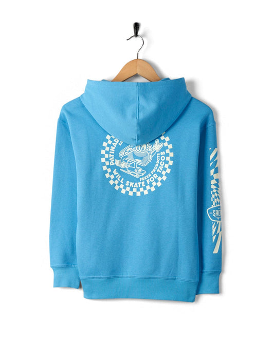 Saltrock Taco Tok - Recycled Kids Pop Hoodie - Blue hoodie with tacos graphics and a kangaroo pocket hanging on a wall-mounted hanger against a white background.