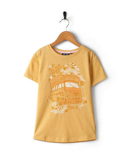 A Saltrock Tahiti Van Kids Short Sleeve T-Shirt in Yellow with a recycled material van-life graphic featuring a vintage van and the words "peace, love, rock n roll" hanging on a black hanger against a white background.
