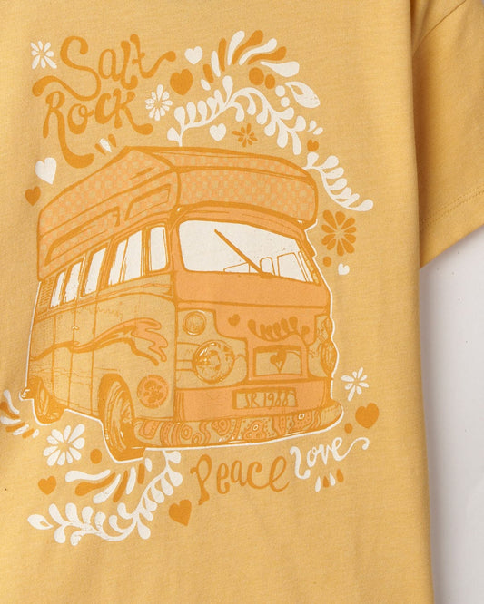 Yellow Tahiti Van - Kids Short Sleeve T-Shirt featuring a van-life graphic print of a vintage van surrounded by floral patterns and the words "Saltrock Tok" and "peace love".