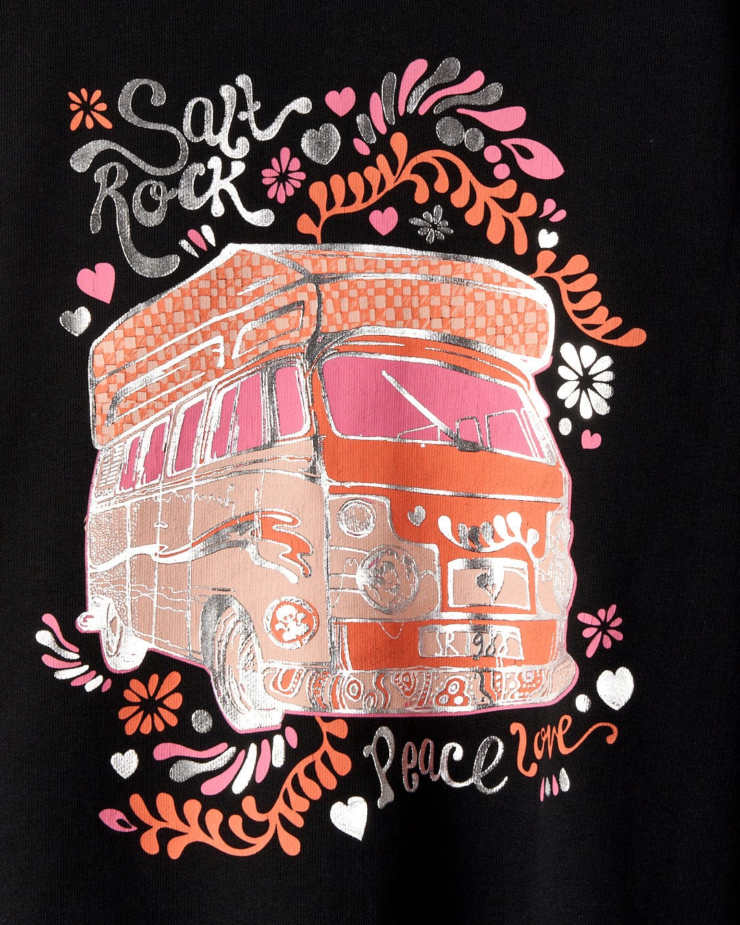 Graphic design of a pink Tahiti Van surrounded by flowers and the text "Saltrock branding" and "peace love" on a black Saltrock full zip hoodie.