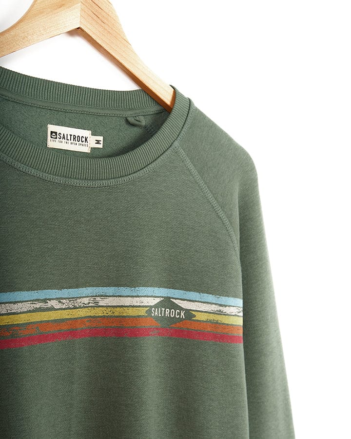 A Saltrock Taped Stripe - Mens Crew Sweat - Green with a colorful rainbow stripe.