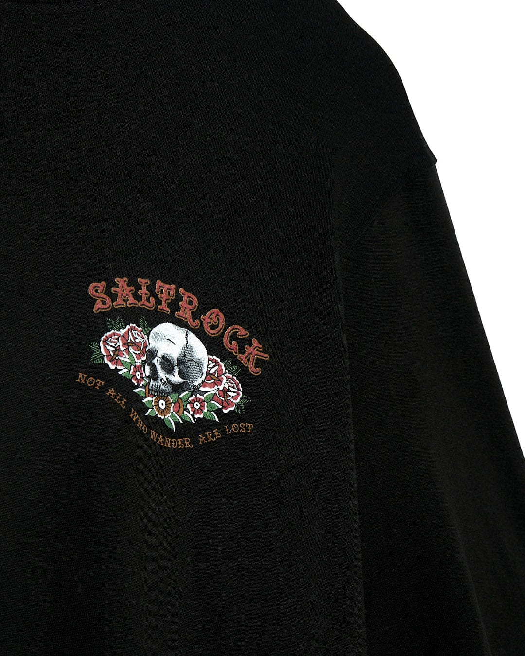 A Saltrock Tattoo Island 2 - Mens Short Sleeve T-Shirt - Black with a skull and roses on it.