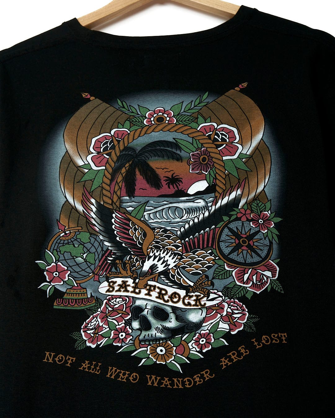 A Saltrock Tattoo Island 2 - Mens Short Sleeve T-Shirt - Black with an image of a skull and an eagle.