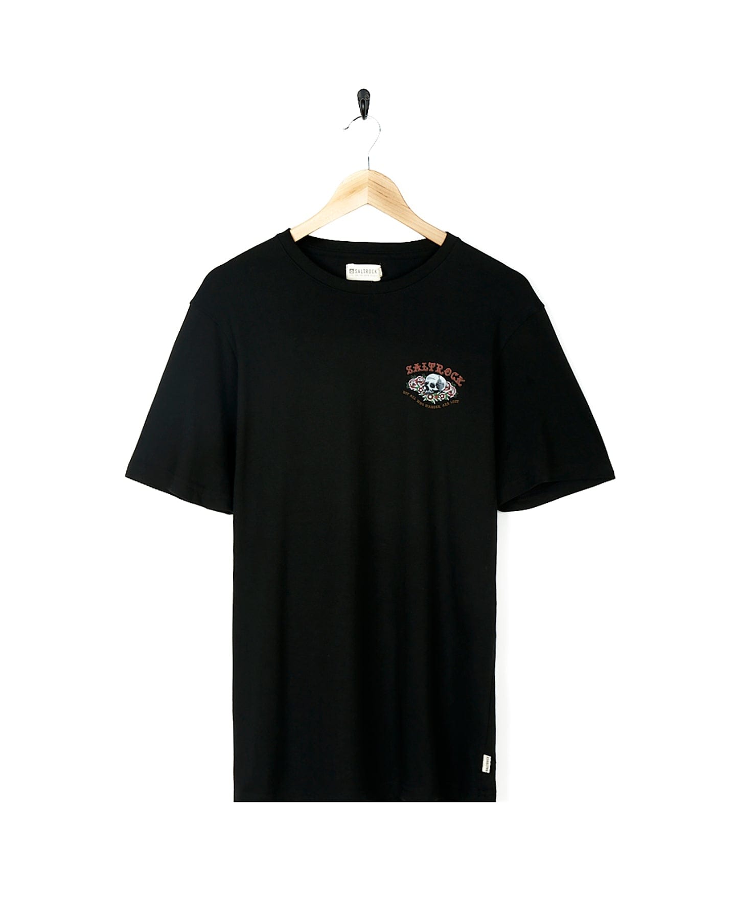 A Saltrock Tattoo Island 2 - Mens Short Sleeve T-Shirt - Black with an orange logo on it.