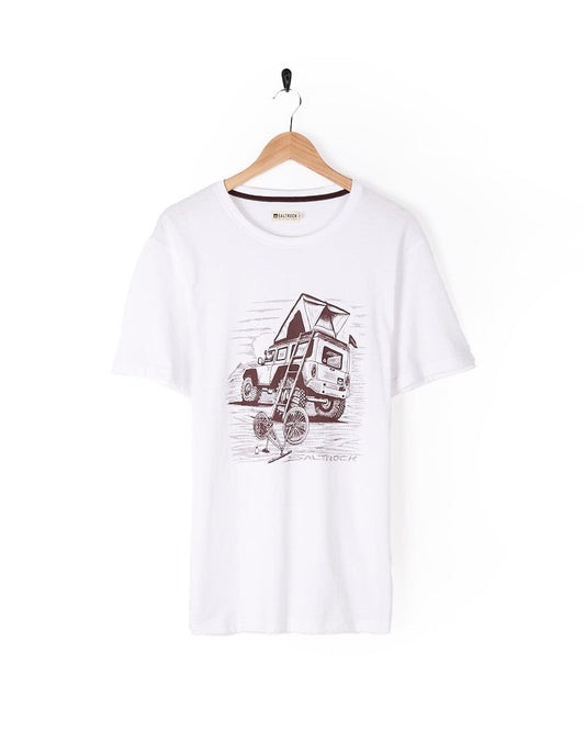 A Saltrock white t-shirt with a Tent Truck - Mens Short Sleeve T-Shirt - White classic car graphic.