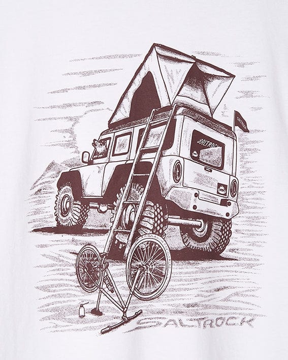 A graphic of a Saltrock Tent Truck men's short sleeve t-shirt in white, perfect for outdoor enthusiasts.