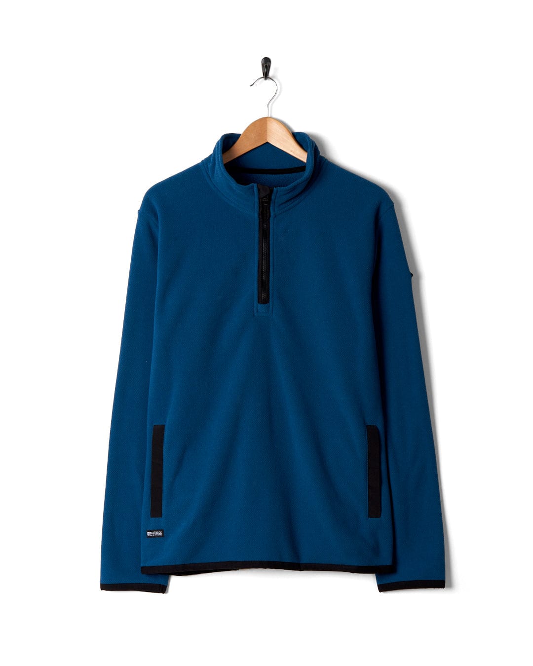 A Saltrock men's blue half-zip sweatshirt made of polyester, hanging on a hanger.