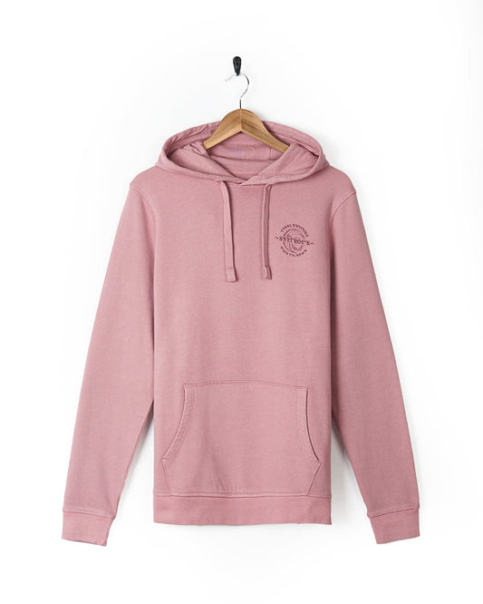A Tidal Rhythms - Mens Pop Hoodie - Pink by Saltrock hangs on a wooden hanger.