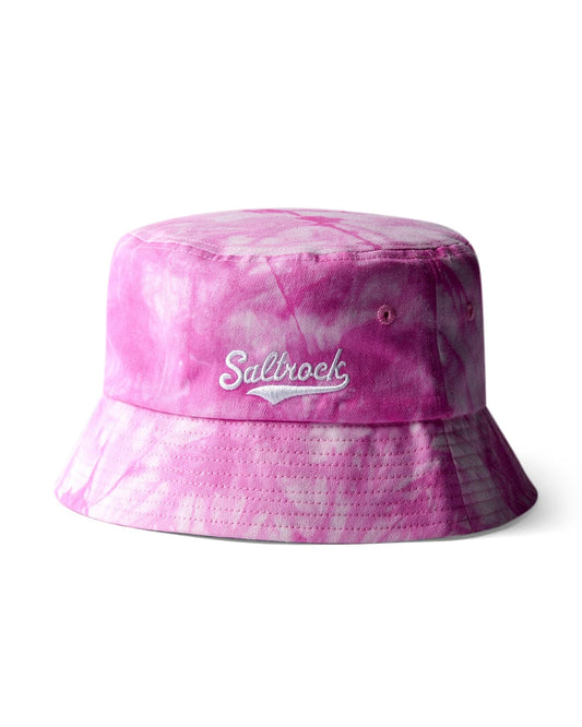 Pink Saltrock tie-dye bucket hat with "Saltrock" branding.