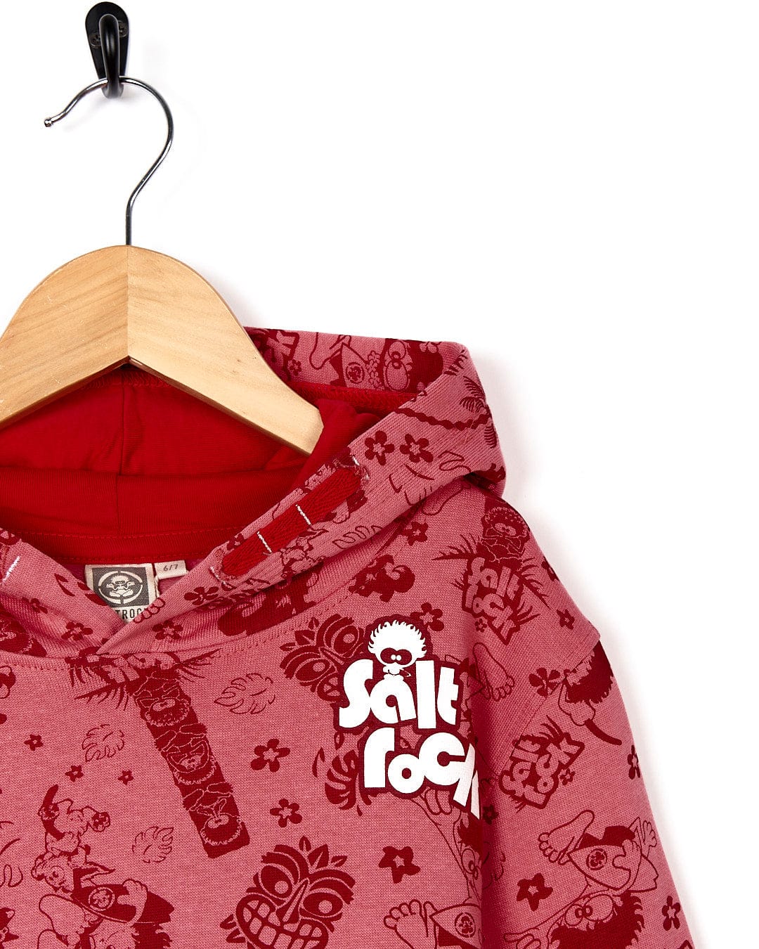 A Tiki Tok - Kids Pop Hoodie - Red with a cartoon design on it. (brand: Saltrock)