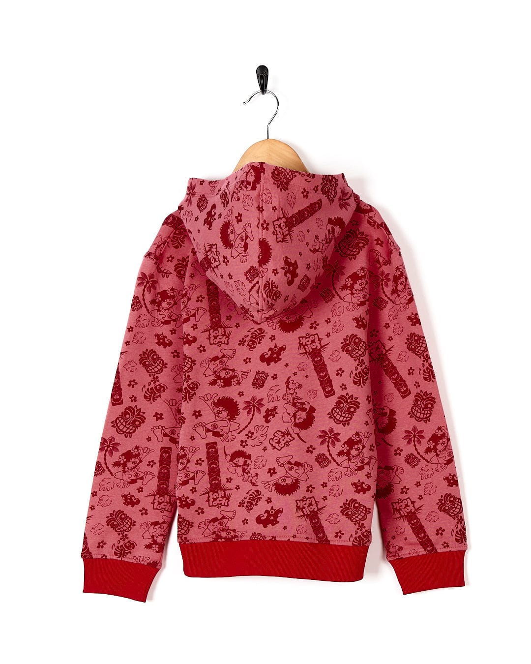A Saltrock Tiki Tok - Kids Pop Hoodie - Red with a red and white pattern.