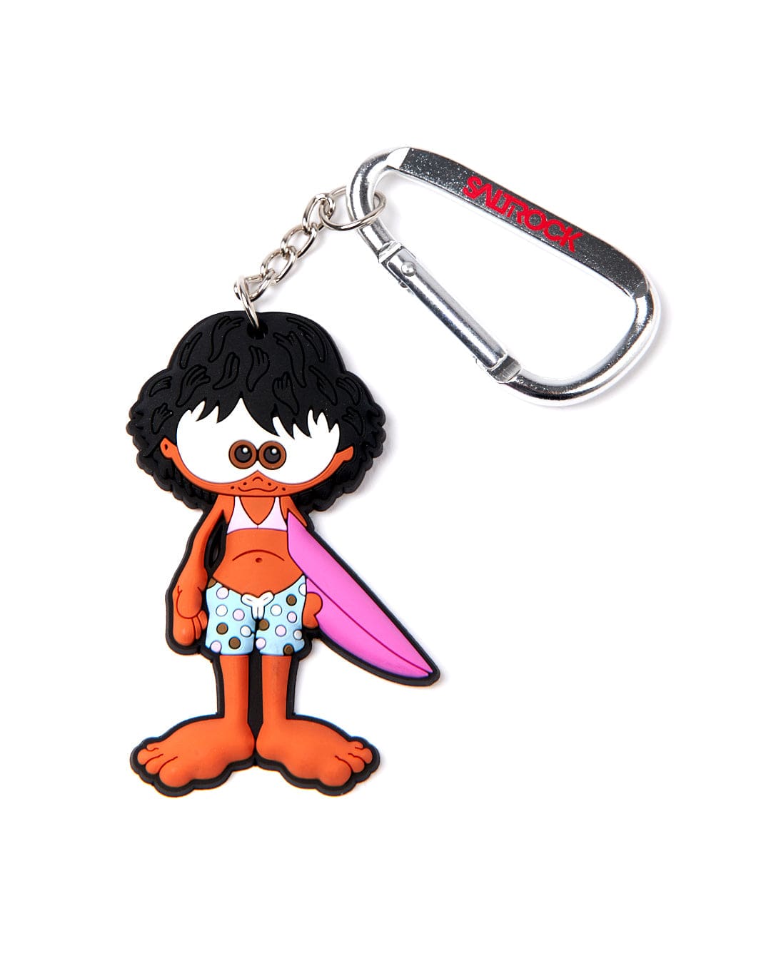 A Saltrock Tik Keyring with a carabiner clip fastening and a cartoon character wearing a bikini.