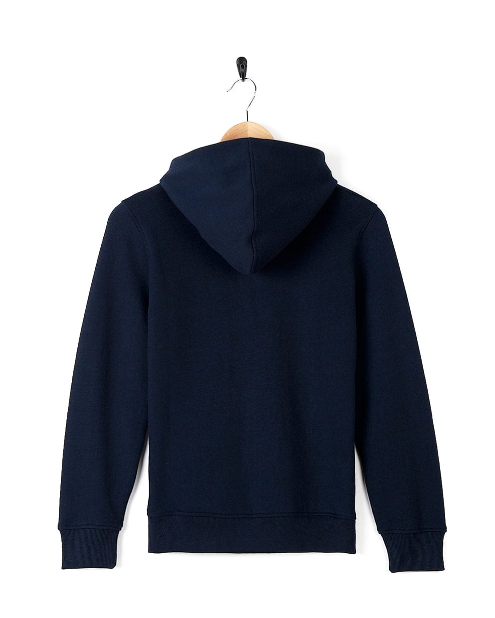 A dark blue "Recycled Kids Pop Hoodie" by Tok Corp hanging on a black hanger against a white background.