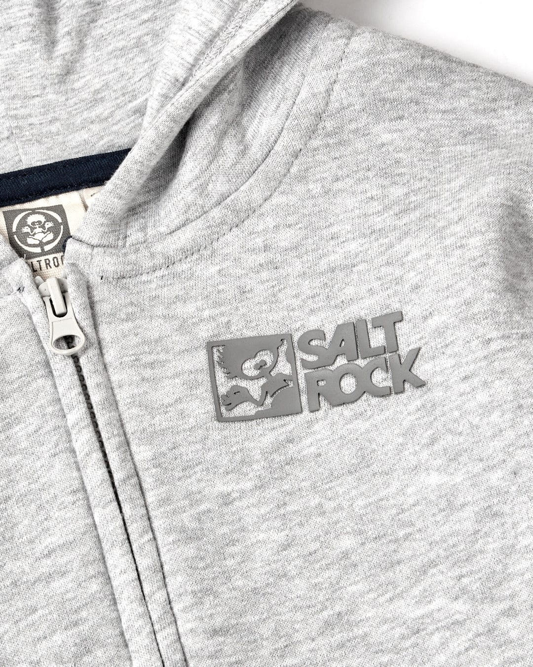 A grey Tok Corp Kids Zip Hoodie featuring the Saltrock branding logo.