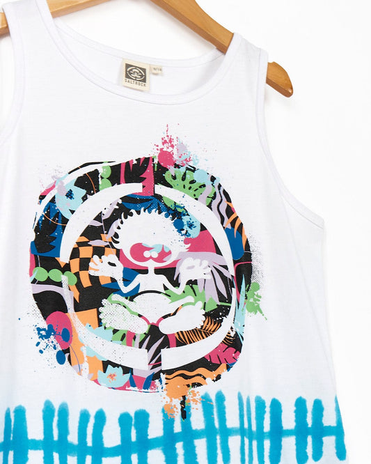 A Saltrock Tok Skate - Kids Vest - White with a colorful design on it.