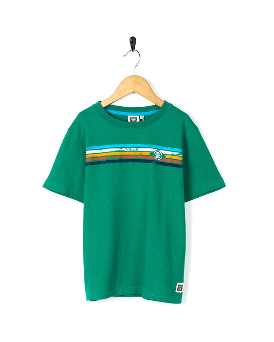 A Saltrock Tok Stripe - Kids Short Sleeve T-Shirt - Green with a rainbow stripe.